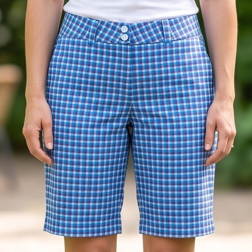 Nike Golf Dri-FIT Blue Purple‎ Gingham Plaid Shorts Women Athletic Golfcore 5545